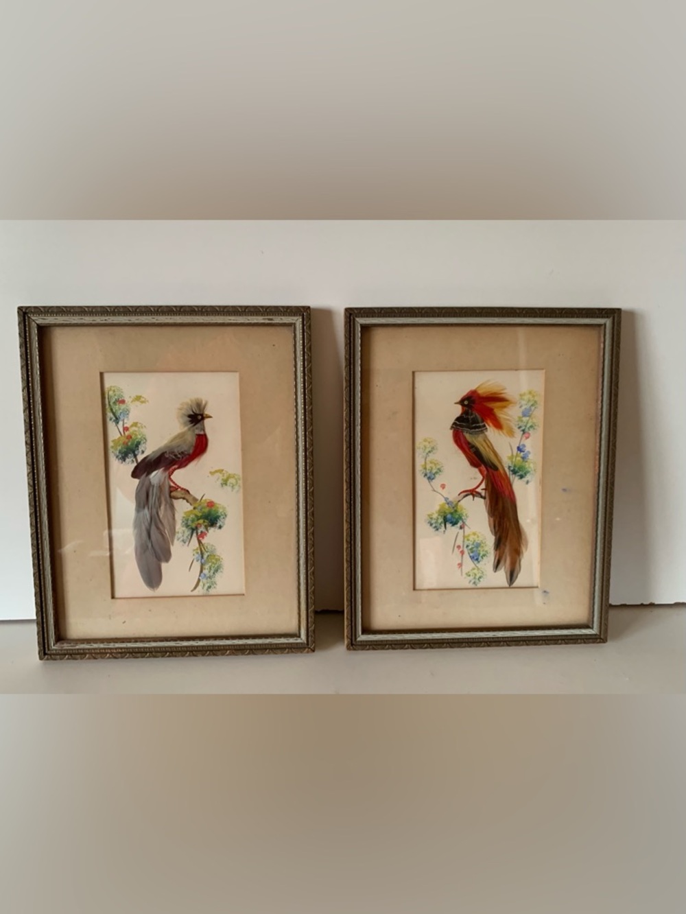 Set of 2 Framed  Vintage Colorful Bird Art Made With Feathers in Mexico